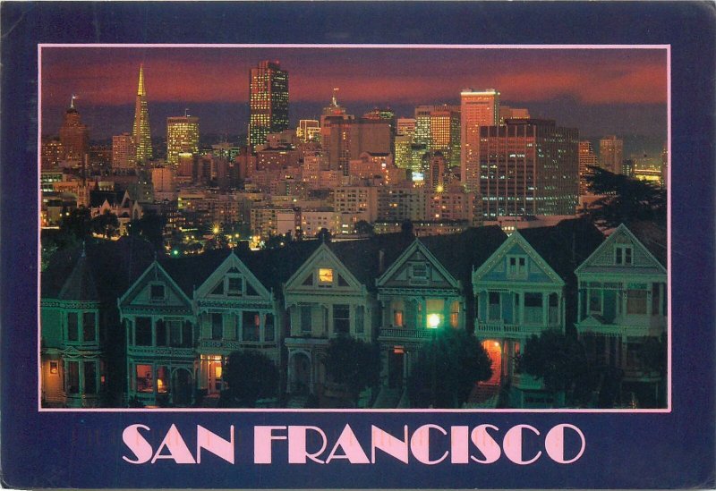 Postcard SUA San Francisco CA Victorian homes Steiner street cityscape panorama