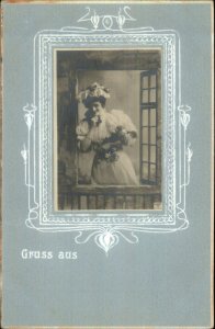 Gruss Aus - Pretty Woman Inset Photo Art Nouveau Border c1905 Postcard