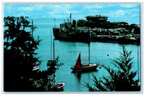 c1950's Woods Hole Harbor Ship Sailboats Cars Cape Cod Massachusetts MA Postcard
