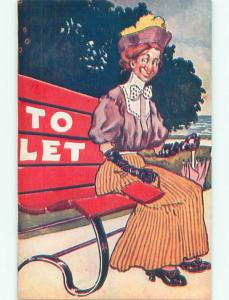 Pre-Linen WOMAN ON PARK BENCH WITH HANDBAG PURSE AND UMBRELLA J0429