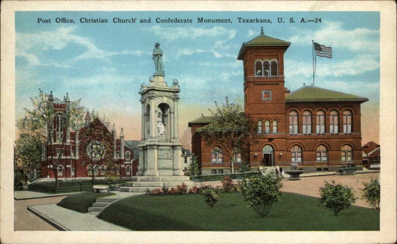 Texarkana Arkansas AR Post Office Church and Confederate Monument Vintage PC