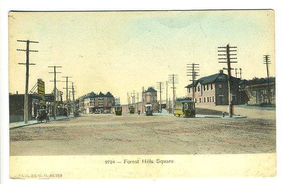 Forest Hills Square MA Trolley Railroad Station Train Depot Postcard