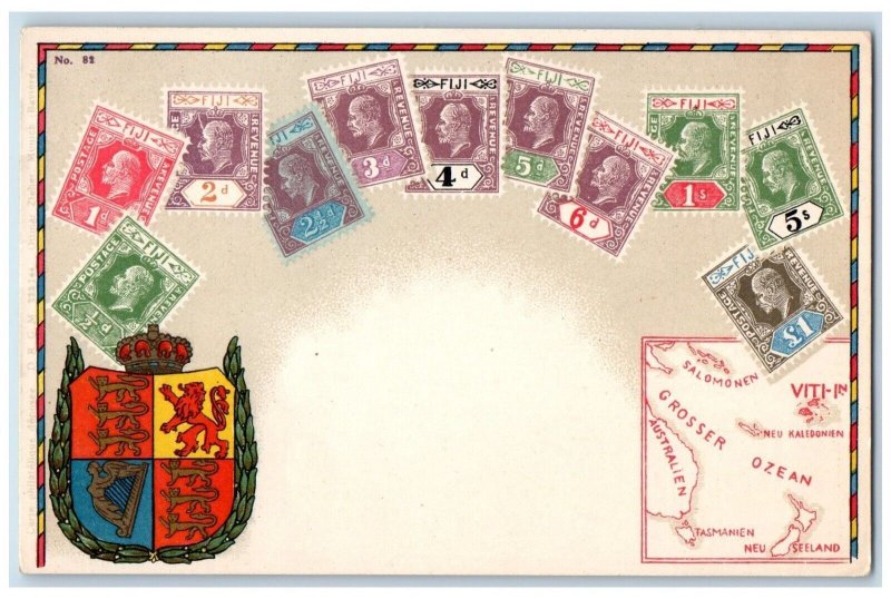 c1910's Fiji Stamps Royal Seal Map Ottmar Zieher Royal Seal Antique Postcard 