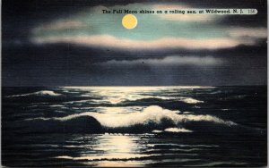 Wildwood, New Jersey~Full Moon Over Rolling Sea~Vintage Linen Postcard~KA22