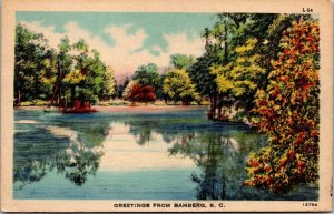 Vtg Greetings from Bamberg South Carolina Scenic Lake View 1930s Linen Postcard