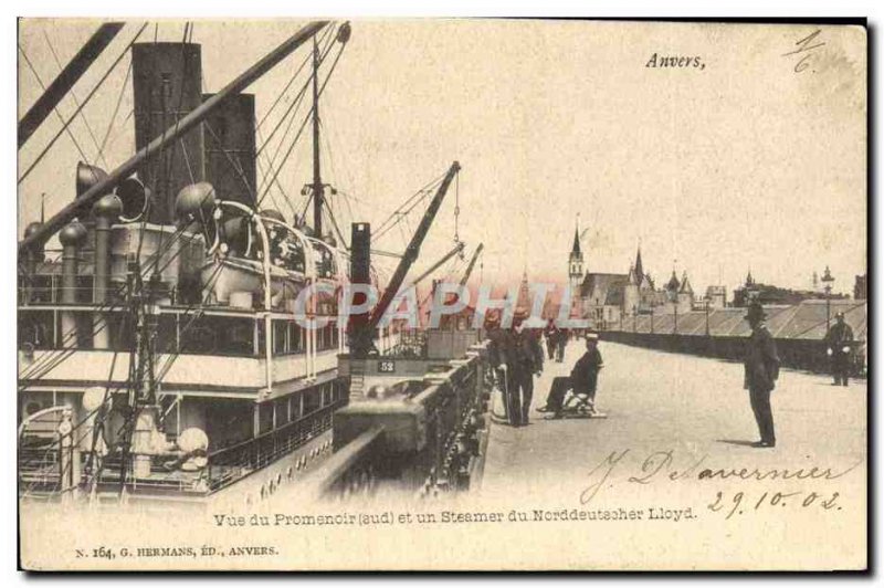 Old Postcard View of Antwerp Promenoir and the Norddeutscher Lloyd Steamer boat