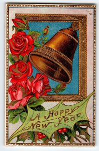 New Years Day Postcard Holiday Greetings Roses Flower Gold Bell Gel Germany 1910