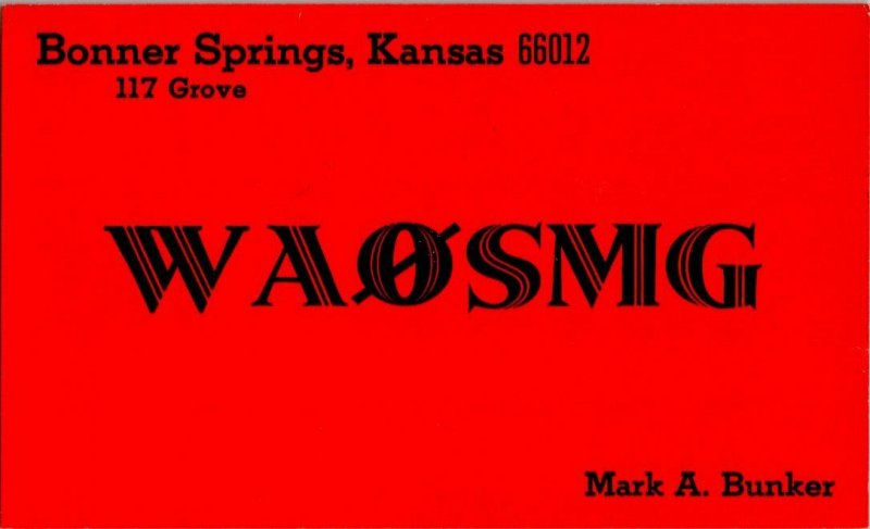 QSL Radio Card From Bonner Springs Kansas WAØSMG 