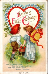 Valentine's Day Postcard Boy and Girl Carrying Basket of Hearts Choose a Lover