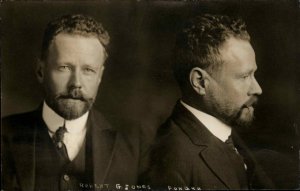 Mug Shot? Man in Suit Front/Side Views Robert G Jones Forger c1910 RPPC