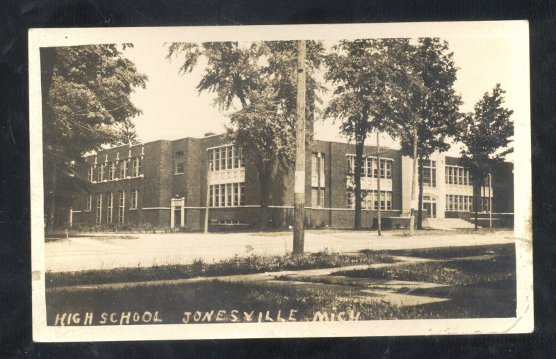 RPPC JONESVILLE MICHIGAN HIGH SCHOOL BUILDING VINTAGE REAL PHOTO POSTCARD