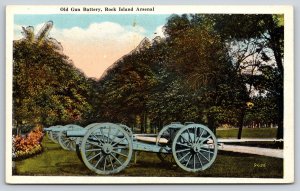 Military~Illinois~Rock Island Arsenal~Old Gun Battery Cannons~1920s Postcard