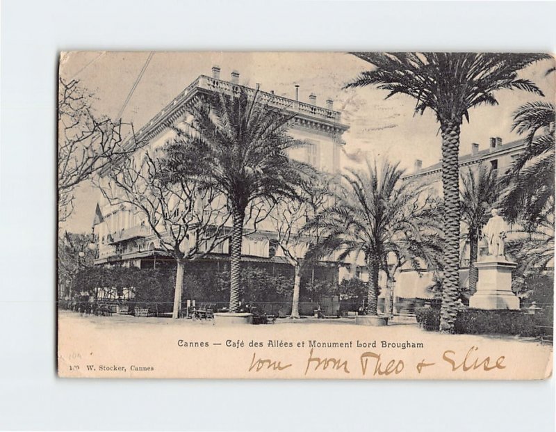 Postcard Café des Allées et Monument Lord Brougham, Cannes, France 