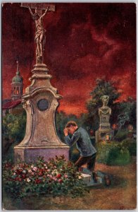 Austria Soldier at Prayer next to Statue A la Tomb des pa ents Vintage Postcard