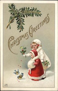 Christmas Little Girls Feed Song Birds in Snow c1910 Vintage Postcard