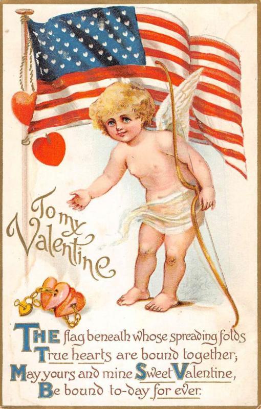 Valentines Day Cherub Cupid Angel USA Flag Antique Postcard K100477