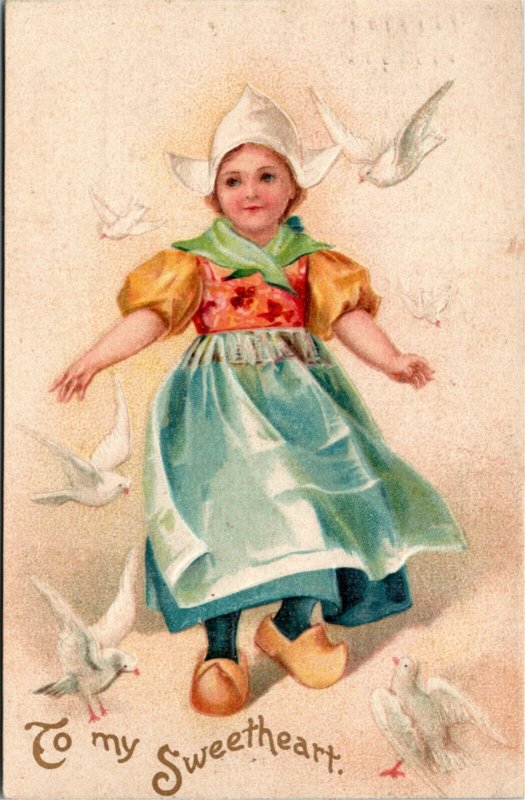 Postcard Unsigned Clapsaddle Dutch Girl with Doves Valentine's Day 1908 A17