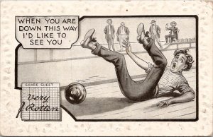 Sports Bowling Man Falls On Lane Very Rotten Score Crowd Laughs Postcard Z4