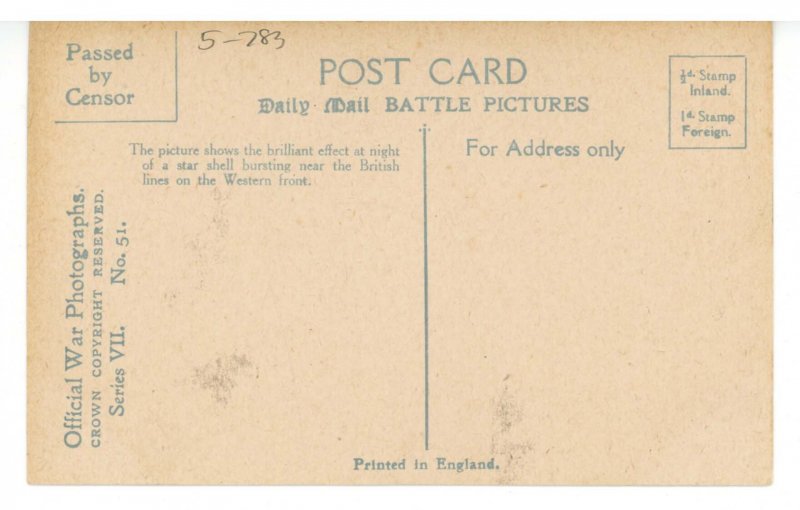 WWI - Star Shell Bursting Near British Lines