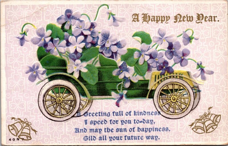 New Year Postcard Green Open Air Automobile with Purple Flowers