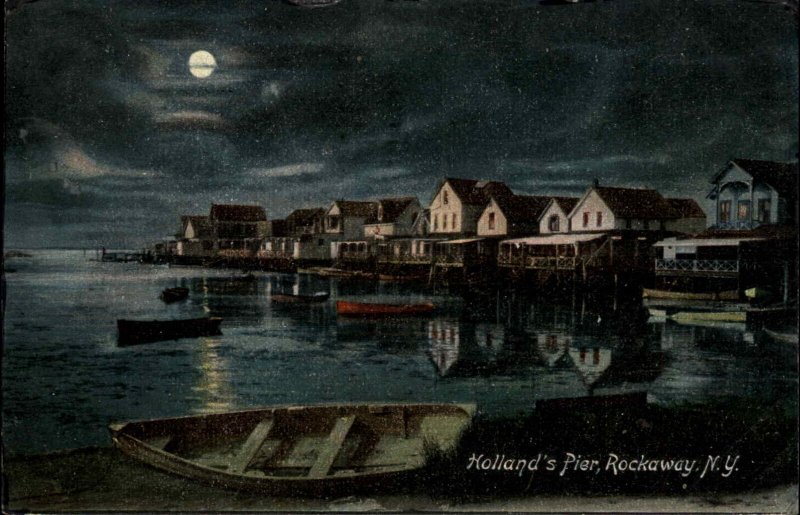 Rockaway New York NY Holland's Pier at Night Queens Long Island c1910 PC