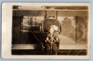 c1910's Boy Ride On Patriotic Airplane RPPC Photo Unposted Antique Postcard