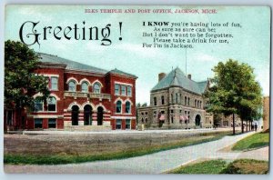 Jackson Michigan MI Postcard  Greetings Elk's Temple And Post Office c1910's