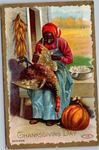 Postcard Thanksgiving Day Black Americana Woman Plucking Turkey