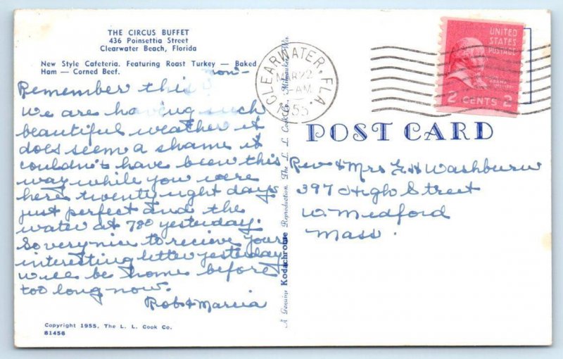 CLEARWATER BEACH, Florida FL ~ Clown CIRCUS BUFFET Roadside 1955  Postcard