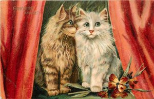 Boulanger Postcard; Orange Tabby & White Cat by Red Curtains, K.F. Paris 897
