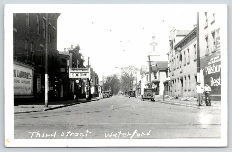 Waterford NY~Third Street~Socony Butler's Gas Station Pumps~Laundry~1936 RPPC