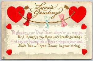 Vtg Valentine Love's Greetings Hearts Romantic Poem Embossed 1910s Postcard