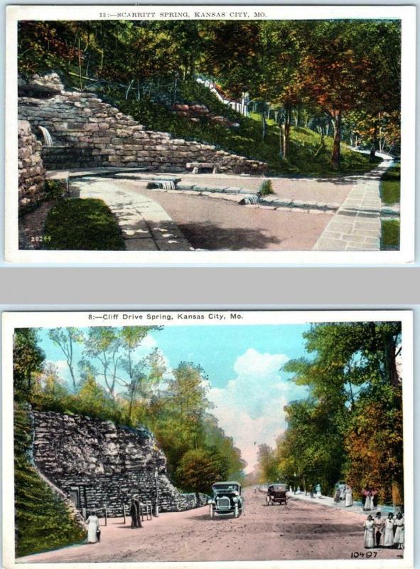 2 Postcards KANSAS CITY Missouri  MO ~ CLIFF DRIVE SPRING Scarritt Spring 1920s