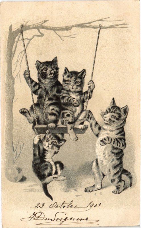 PC CATS, FOUR CATS ON A SWING, Vintage EMBOSSED Postcard (b46754)