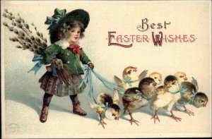 Easter Fantasy Little Girl Walking Chicks on Leashes c1910 Vintage Postcard