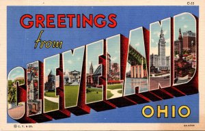Ohio Greetings From Cleveland Large Letter Linen 1951 Curteich