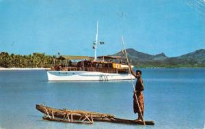 Suva Fiji Blue Lagoon Takia Motor Yacht Row Native Antique Postcard K13027