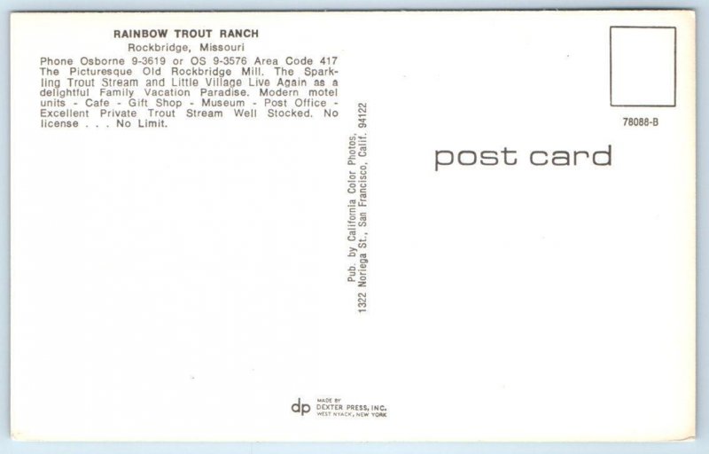 ROCKBRIDGE, Missouri MO ~ Roadside RAINBOW TROUT RANCH Ozark County Postcard