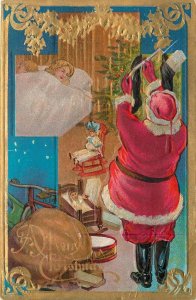Postcard C-1910 Santa Christmas Stocking toy doll Interior greeting 23-13474