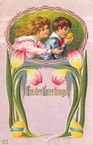 Easter Postcard Girl Chasing Boy with Yellow Colored Egg Tulip Flowers~127274