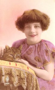 Girl & Cat real photo Unused 