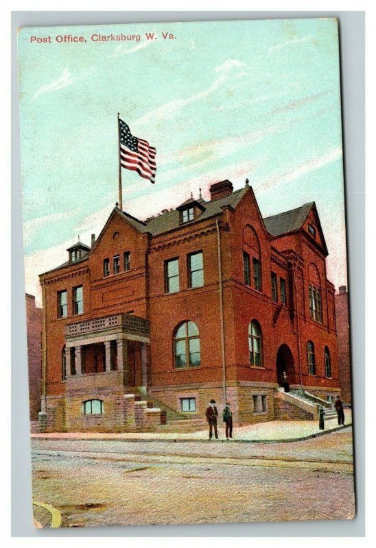 Vintage 1910's Postcard American Flag Over Post Office Clarksburg West