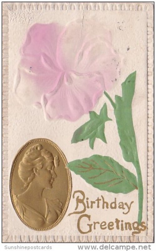 BIrthday Greetings Beautiful Lady In Broche With Pink Rose 1916