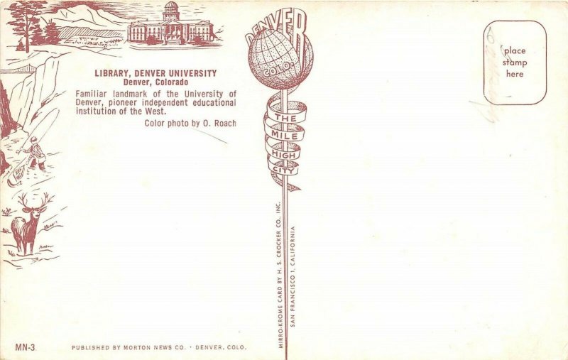 Denver Colorado 1950s Postcard Library Denver University