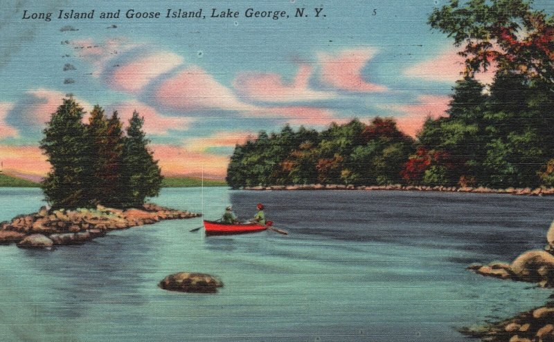 Vintage Postcard 1956 Long Island & Tiny Goose Island Lake George New York NY