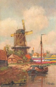 NETHERLANDS DUTCH WINDMILL ARTIST SIGNED J. RYNDERS POSTCARD (c. 1920s) PD