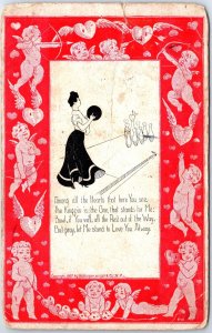 VINTAGE POSTCARD WOMAN IN LONG DRESS BOWLING THE KINGPIN ADULT HUMOR [faults]