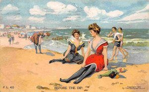 Women Swimsuits Beach Before The Dip 1908 Rotograph postcard