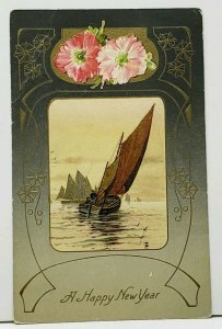 New Years Sailing Embossed Flowers 1908 Orange Mass to W. Roxbury Postcard I10