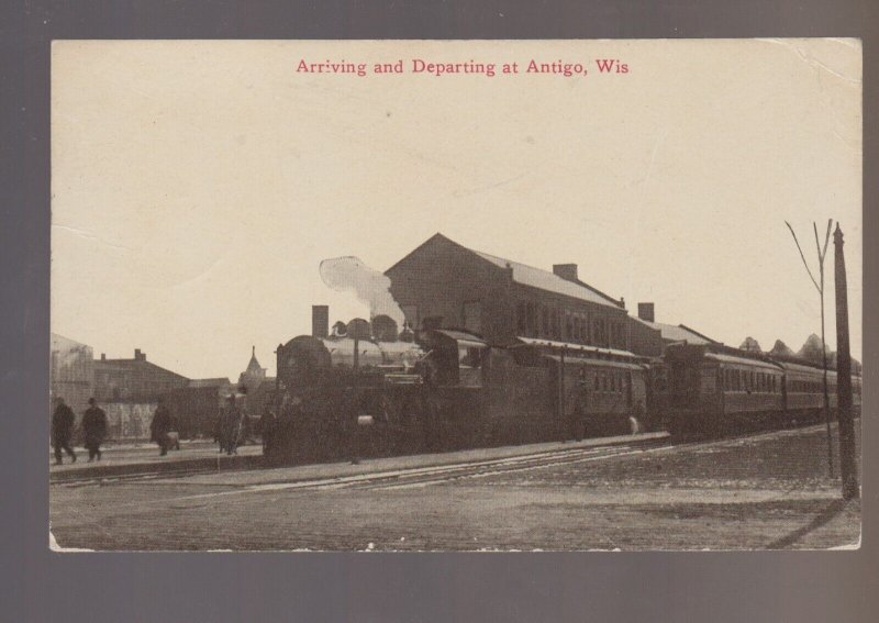 Antigo WISCONSIN c1910 DEPOT Railroad 2 TRAINS AT STATION Arriving & Departing